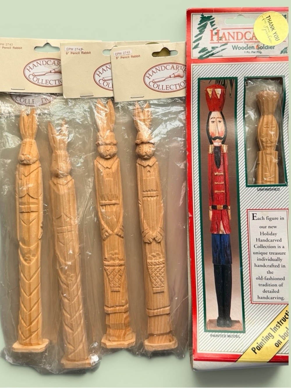 Hand-carved 9” Wood‎ Pencil Rabbits and Soldier Lot of 5 Unfinished